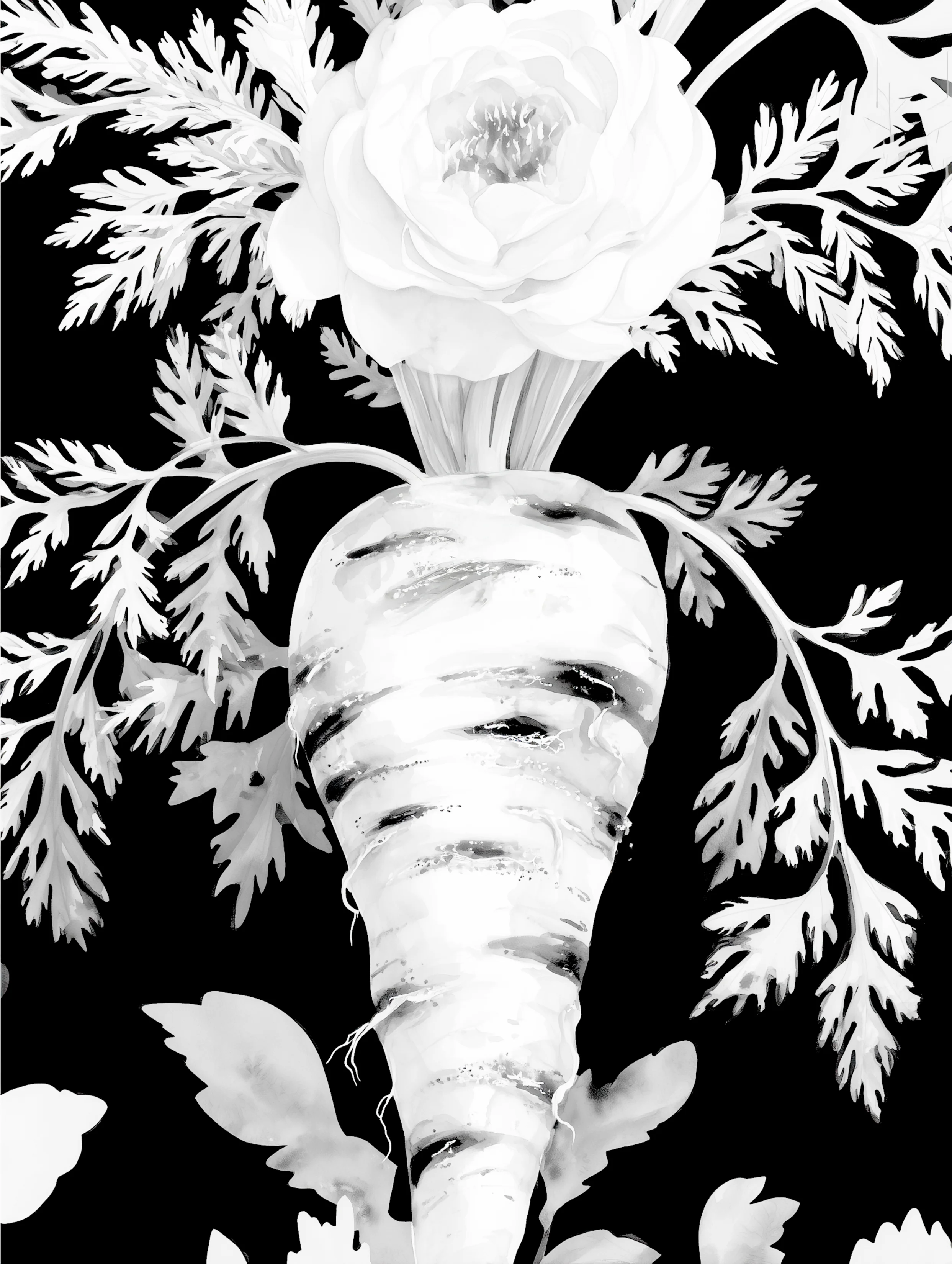 Free printable carrot coloring page for adults featuring dark background solo carrot with one flower